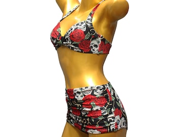 S M L XL Retro 1940 1950 40s 50s Vintage Ladies Vintage Bikini Skull Rose Skull Two Piece High Waisted Rockabella Bombshell