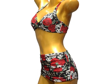 S M L XL Retro 1940 1950 40s 50s Vintage Women's Vintage Bikini Skull Rose Skull Two Piece High Waisted Rockabella Bombshell