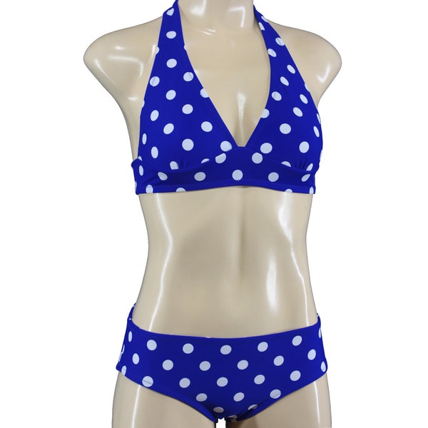 S M L XL Damen Neckholder Triangel Bikini Set mit Polka Dots getupft Blau blue geraffte Hose ruffled Pantie dotted allover Rockabilly Retro