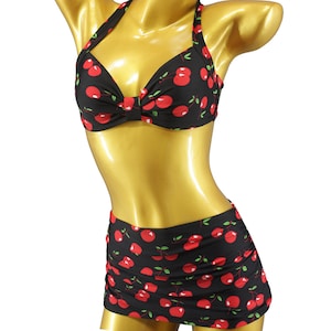 Vintage bikini with cherries Cherry Cherries Pattern allover Rockabilly Rockabella Retro highwaisted ruffled pantie 50s 40s fifties