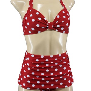 dotted vintage triangle bikini dots polka dots allover spotted retro look high waist pantie gathered front skirt Rockabella