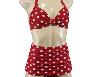 dotted vintage triangle bikini dots polka dots allover spotted retro look high waist pantie gathered front skirt Rockabella