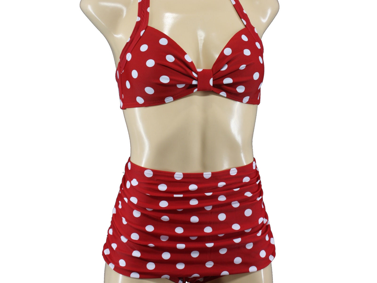 Maillot De Bain Push-up Gainant Taille Haute - Imprimé Pois Rouges & Bas Bleu Jean - Taille 14 - Neuf étiqueté