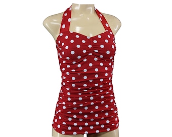 S M L XL tummy control Polka Dots Vintage Swimsuit spotted dots Rockabilly Beachwear Retro style classic Fifties one-piece