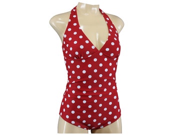 Women's vintage halterneck swimsuit with dots polka dots allover spotted dots 50's V-neck pin-up swimsuit halter neck retro style