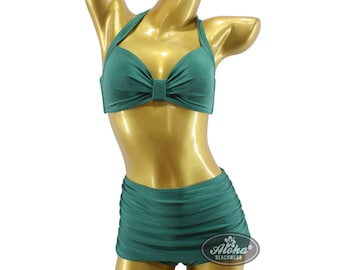 Shiny green vintage triangle bikini classic plain retro rockabella shimmering glitter 40s 50s fifties high waisted plain