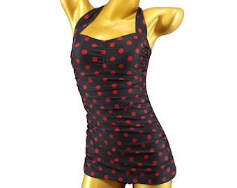 S M L XL Polka Dots dotted vintage swimsuit spotted retro style 1950's tummy control gathered Rockabilly beachwear 1940's bathing suit 50s