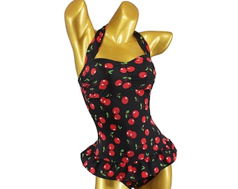 Rockabilly Retro Badeanzug mit Kirschen cherry skirt cherries 50er Vintage Neckholder Badekleid Swimwear fifties 1950er Pin Up allover fruit