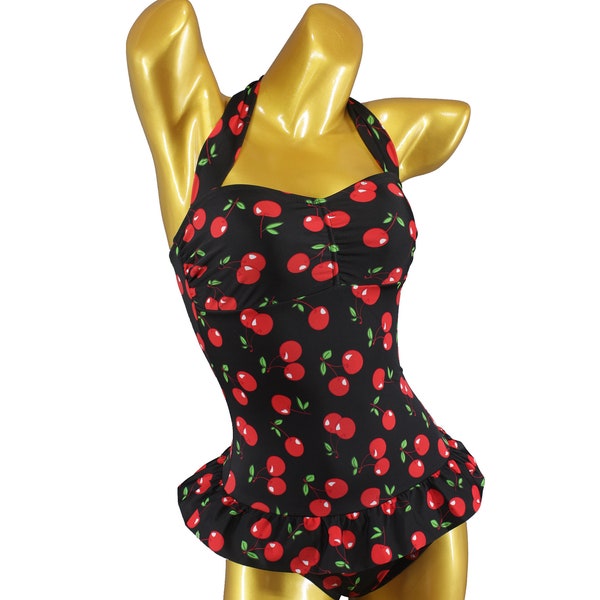 Rockabilly Retro Badeanzug mit Kirschen cherry skirt cherries 50er Vintage Neckholder Badekleid Swimwear fifties 1950er Pin Up allover fruit