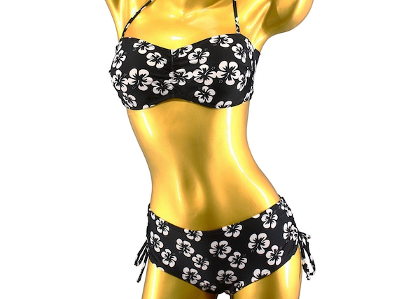 S M L XL Bandeau Bikini Set With Flower Hibiscus Tiki