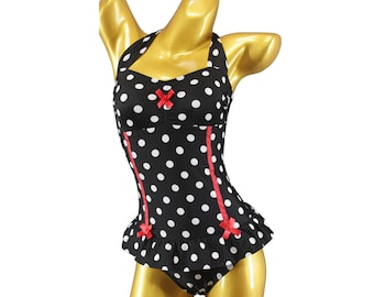 Rockabilly One piece Retro Badeanzug mit Punkten Polka Dots skirt 50er Vintage Neckholder Badekleid Swimwear fifties 1950er Pin Up allover