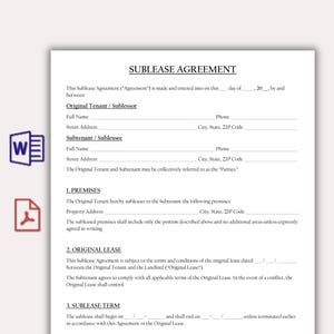 Könnte beinhalten: Ein Dokument mit dem Titel "SUBLEASE AGREEMENT", das eine Untermietvereinbarung darstellt. Es enthält Abschnitte für den ursprünglichen Mieter/Untervermieter und den Untermieter/Untermieter, mit Feldern für Namen, Adressen und Telefonnummern. Das Dokument enthält auch Abschnitte für Räumlichkeiten, den ursprünglichen Mietvertrag und die Untermietdauer.