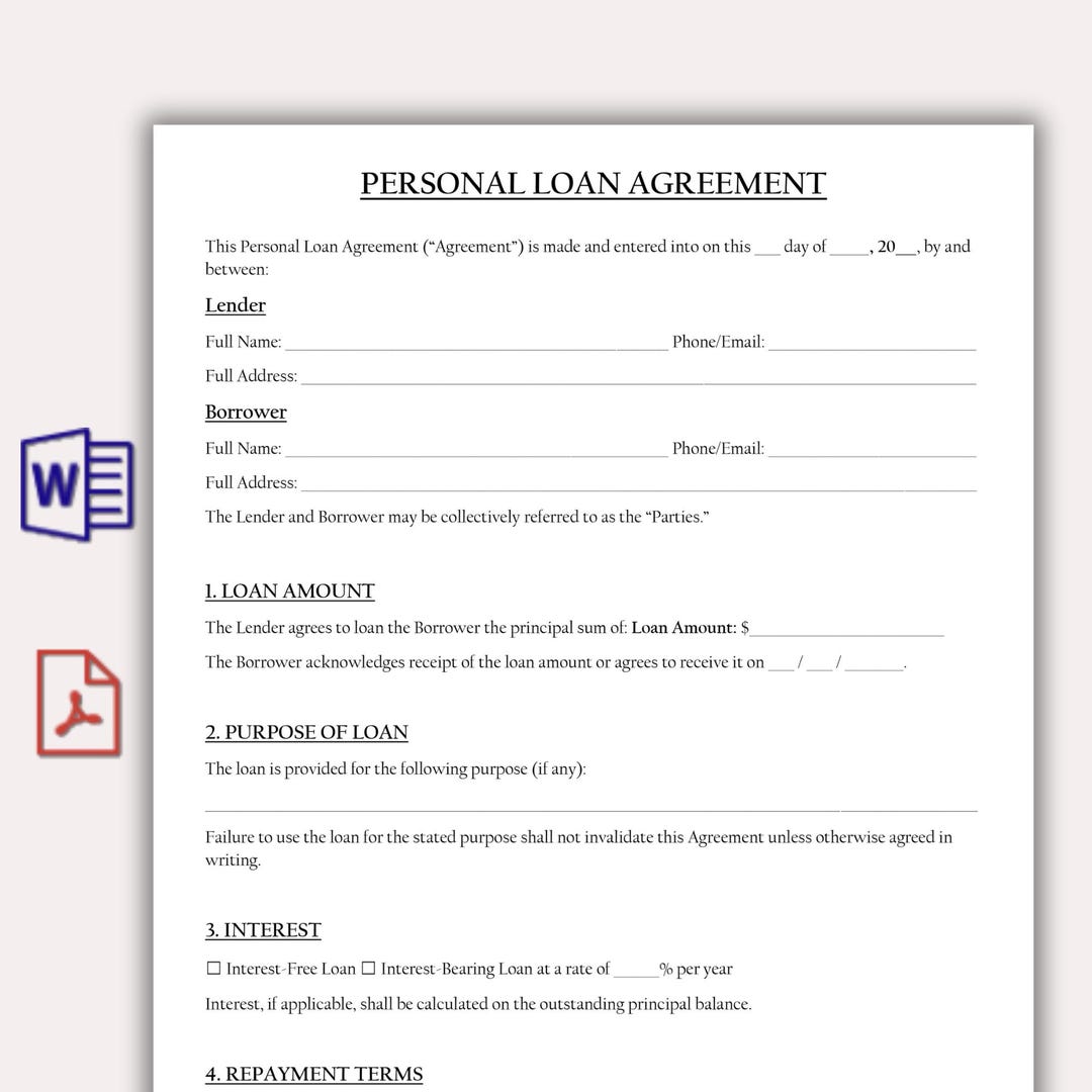 Editable Personal Loan Agreement, Digital Loan Contract Form Template ...