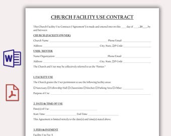 Customizable Church Facility Use Contract Template, Printable Church Rental Agreement for Events Meetings, Weddings Church, Instant Download