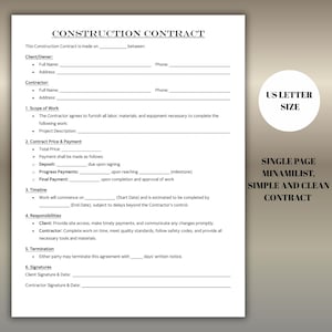 May include: A construction contract template on US Letter size paper. The document includes sections for client/owner, contractor, scope of work, contract price, timeline, responsibilities, termination, and signatures. The text reads "Construction Contract".