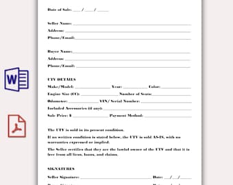Minimalist UTV Bill of Sale Template, Simple Utility Task Vehicle Purchase Agreement, UTV Sales Contract, Printable UTV Bill of Sale