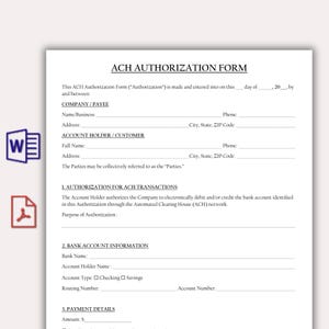 May include: A white ACH Authorisation Form document with black text, featuring sections for Company/Payee and Account Holder/Customer details, bank account information, and payment details, accompanied by Word and PDF file icons on the left.