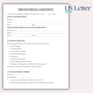 May include: A white A4-sized Errand Service Agreement form. The document includes sections for client and provider information, scope of services, and fees. Text includes "Grocery shopping", "Prescription pickup", and "Package delivery or mailing".