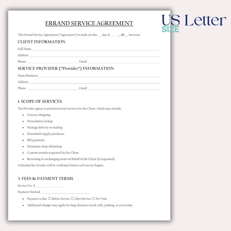 May include: A white A4-sized Errand Service Agreement form. The document includes sections for client and provider information, scope of services, and fees. Text includes "Grocery shopping", "Prescription pickup", and "Package delivery or mailing".