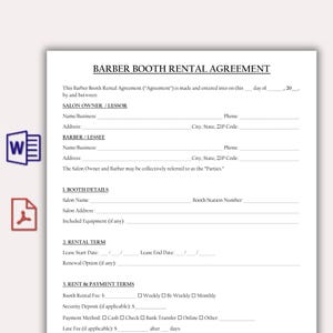 Könnte beinhalten: Ein weißes Dokument mit dem Titel BARBER BOOTH RENTAL AGREEMENT in schwarzer Schrift, das Abschnitte für Saloninhaber, Barbier, Standdetails, Mietdauer sowie Miet- und Zahlungsbedingungen enthält, mit Leerzeilen zum Ausfüllen von Daten.