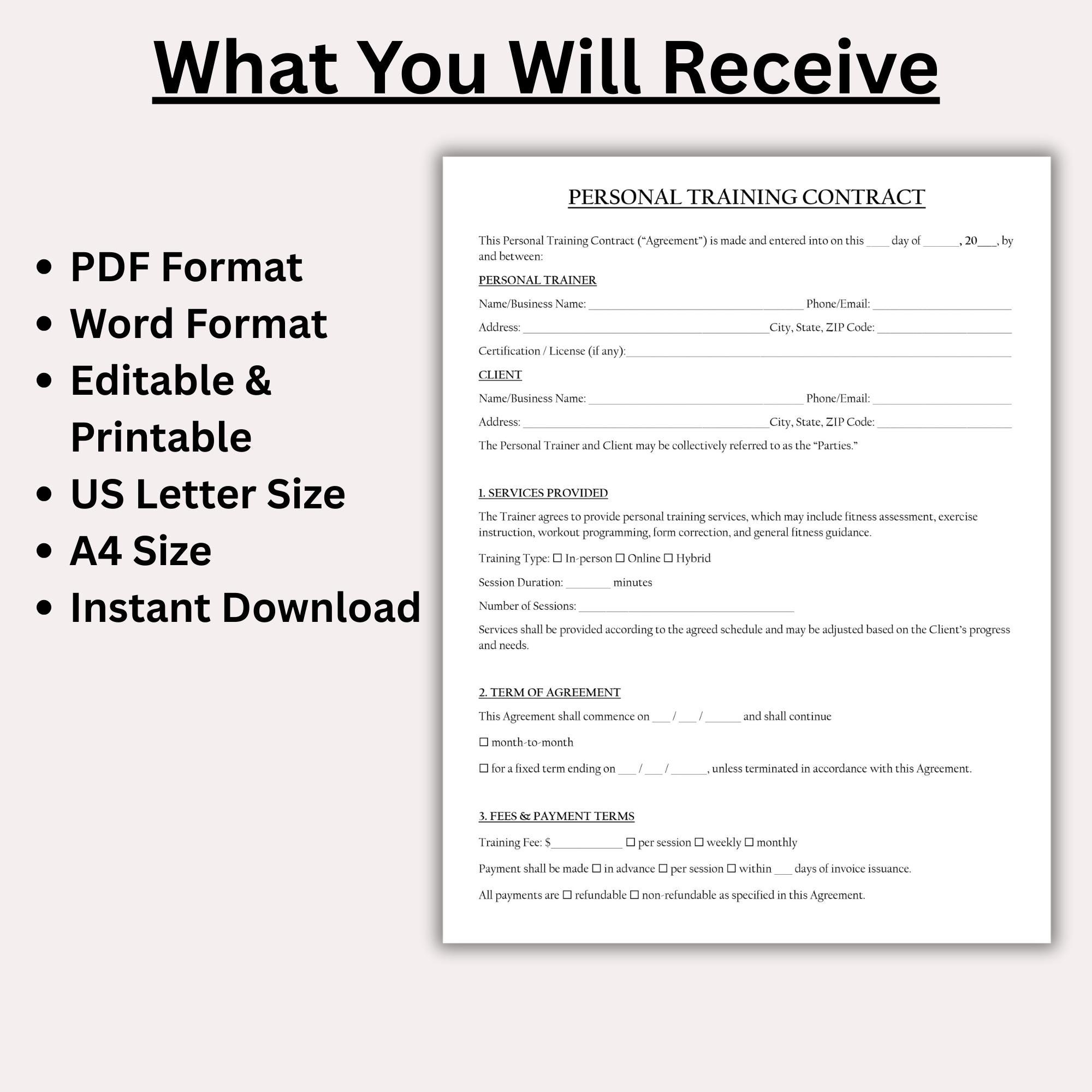 Training Contract Application Example Editable Personal Training Contract, Fitness Services Agreement Form ...