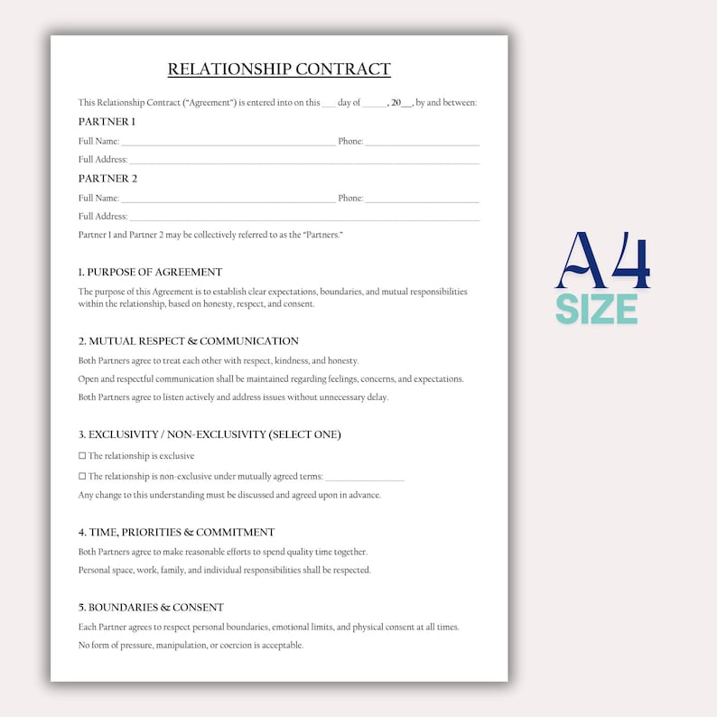 Editable Relationship Contract Template | Couples Agreement Form ...