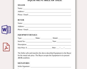 Simple Equipment Bill of Sale, Printable Commercial Equipment Bill of Sale, Farm Machinery Bill of Sale, Heavy Equipment Contract PDF & Word