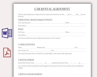 Customizable Car Rental Agreement Template, Car Rental Contract, Printable Vehicle Lease Form,  Vehicle Rental Agreement, PDF & Word