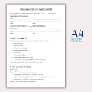 May include: A white A4-sized Errand Service Agreement with black text. It details client and provider information, scope of services, and fees. The document is labeled "A4 SIZE" in teal.