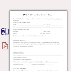May include: A Deck Building Contract template with sections for contractor and client information, project details, and services provided. The document includes fields for project location, dimensions, materials, and completion dates. The text is black on a white background.
