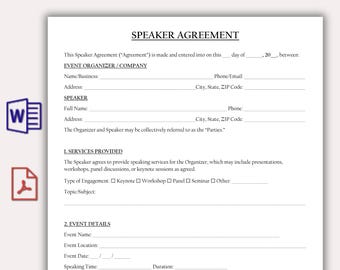 Plantilla imprimible de contrato para oradores, contrato para oradores invitados a eventos, formularios para oradores públicos, organizador de fiestas, contrato para oradores motivacionales