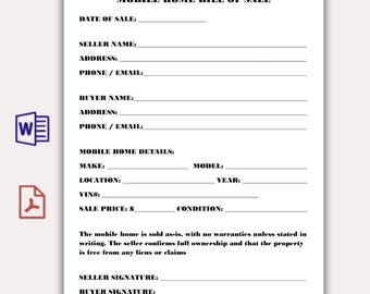 Plantilla de contrato de compraventa de casas móviles, formulario de venta de casas prefabricadas editable en PDF, transferencia de título de remolque, contrato de compraventa de propiedad imprimible