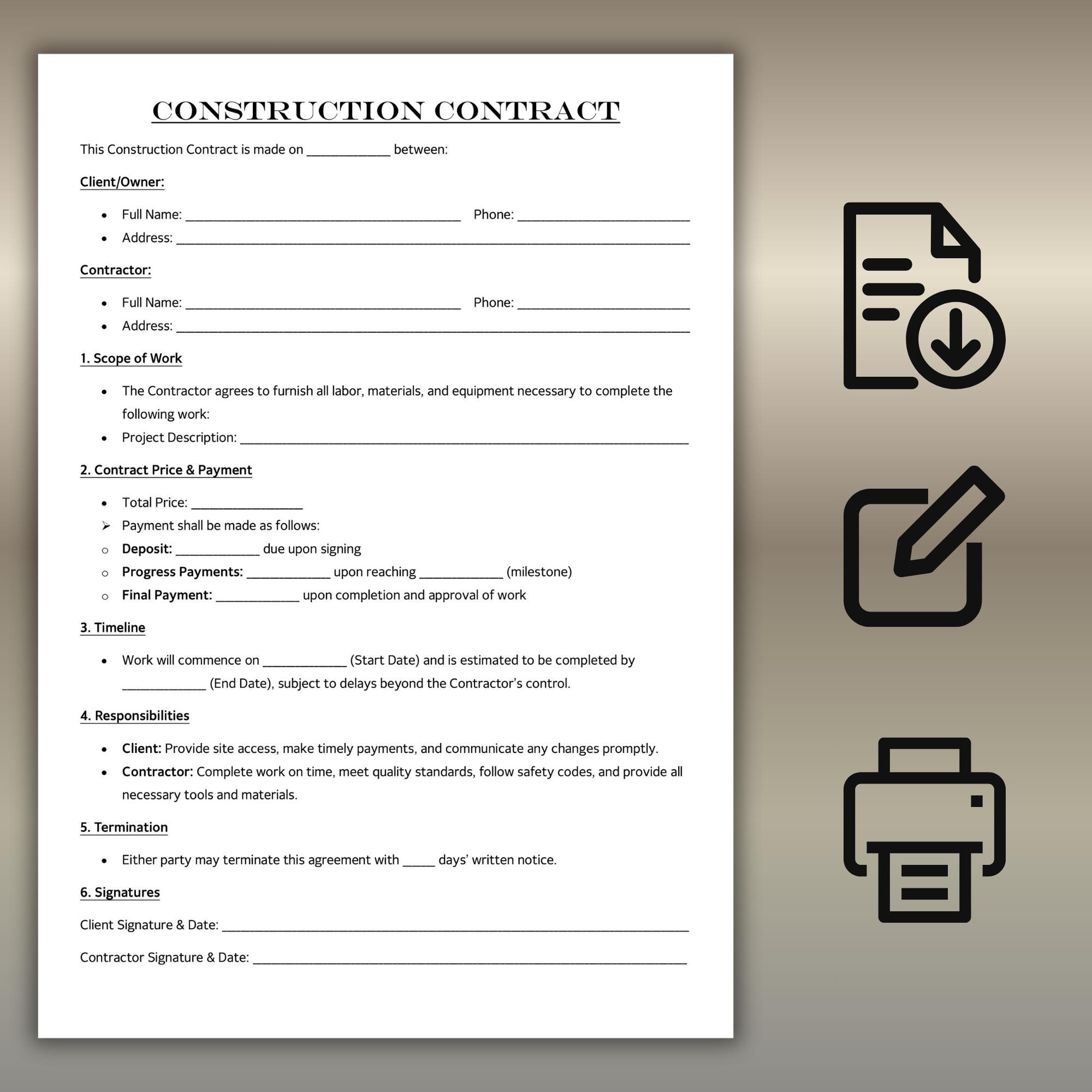 Editable Construction Contract Agreement Template | One Page ...