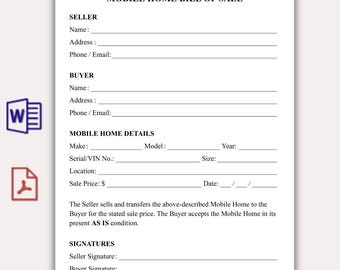 Mobile Home Bill of Sale, Manufactured Home Sales Receipt, Printable Mobile Home Sale Form, Trailer Title Transfer, Property Sale Template