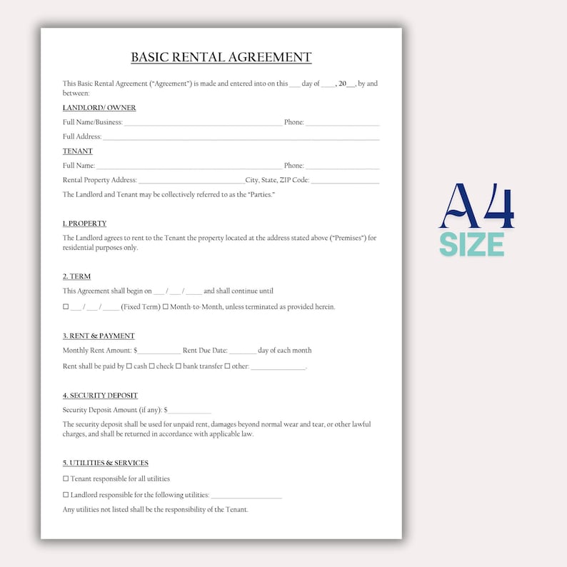 May include: A4 size Basic Rental Agreement form printed on white paper. The document includes sections for Landlord/Owner, Tenant, Property, Term, Rent & Payment, Security Deposit, and Utilities & Services. The text is in black.