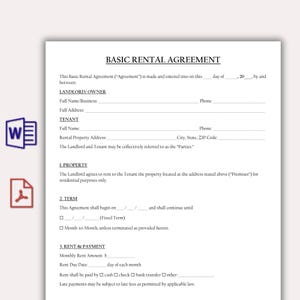 Pode incluir: Um formulário de Contrato de Aluguel Básico com seções para informações do Proprietário/Locador e Inquilino. O documento inclui campos para nomes completos, endereços e números de telefone. Ele descreve detalhes da propriedade, termos do contrato e informações de pagamento do aluguel.