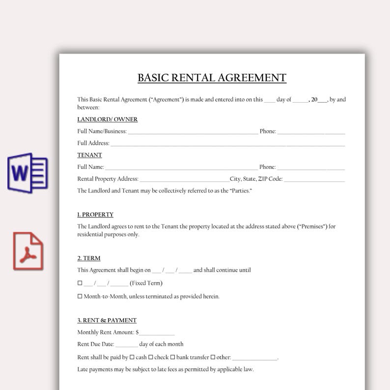 May include: A Basic Rental Agreement form with sections for Landlord/Owner and Tenant information. The document includes fields for full names, addresses, and phone numbers. It outlines property details, lease terms, and rent payment information.