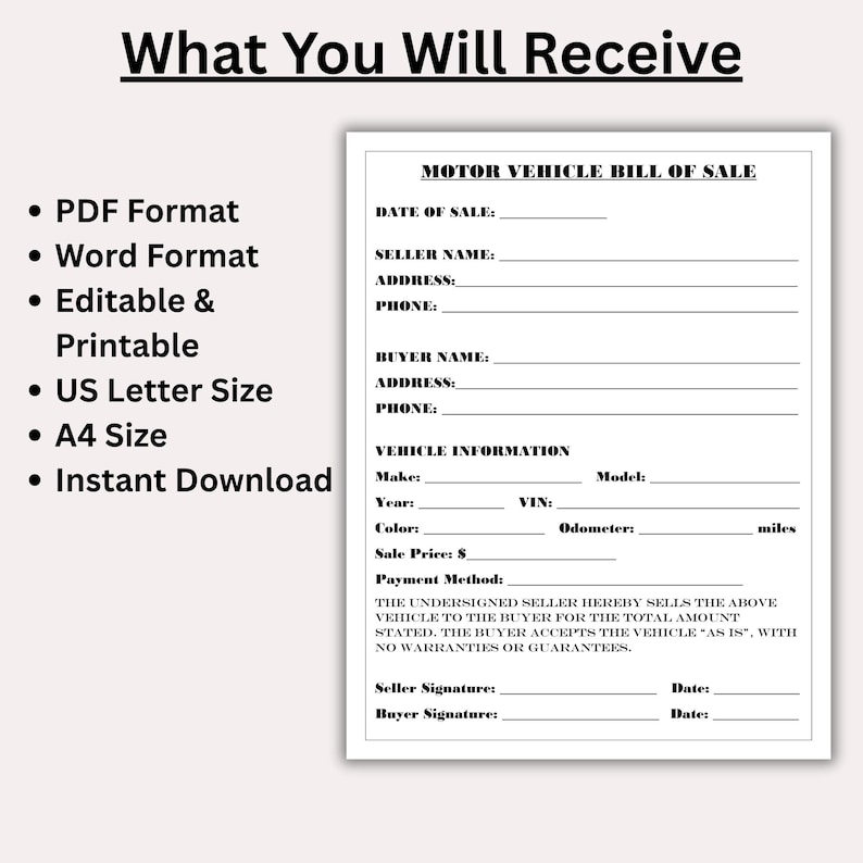 Editable Motor Vehicle Bill of Sale Template Printable Car Sale Form Editable Motor Vehicle Bill of Sale Template Printable Car Sale Form