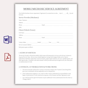 May include: A Mobile Mechanic Service Agreement form, printed on white paper. The document includes sections for the service provider and client details, scope of services, and estimate authorization. The text is black, with a Word and PDF icon on the left.