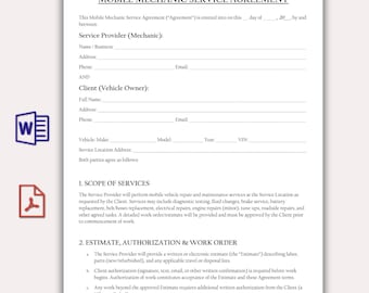 Mobile Mechanic Service Agreement Template, Editable Auto Repair Contract, Vehicle Maintenance Service Form, Car Repair Business Template