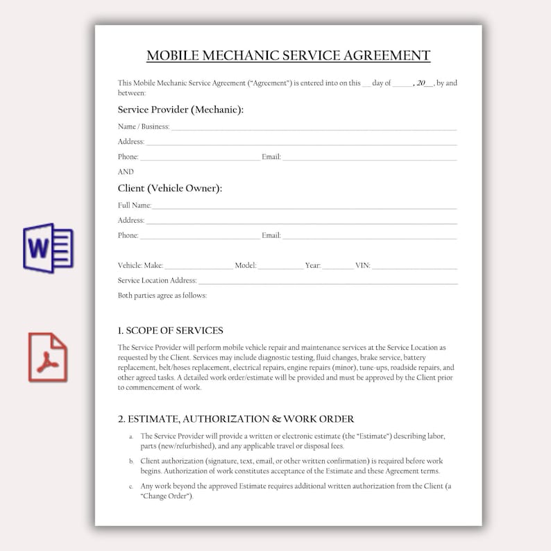 May include: A Mobile Mechanic Service Agreement form, printed on white paper. The document includes sections for the service provider and client details, scope of services, and estimate authorization. The text is black, with a Word and PDF icon on the left.