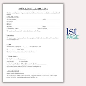 May include: A Basic Rental Agreement form with fields for Landlord/Owner and Tenant information. The document includes sections for property details, term, rent, payment, and security deposit. The 1st PAGE logo is in the bottom right corner.