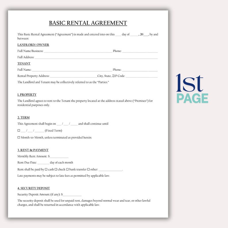 May include: A Basic Rental Agreement form with fields for Landlord/Owner and Tenant information. The document includes sections for property details, term, rent, payment, and security deposit. The 1st PAGE logo is in the bottom right corner.