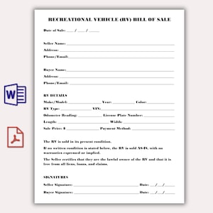 May include: A printed recreational vehicle (RV) bill of sale form with fields for seller and buyer information, RV details, and signatures. The form includes sections for the date of sale, RV details, and payment method.