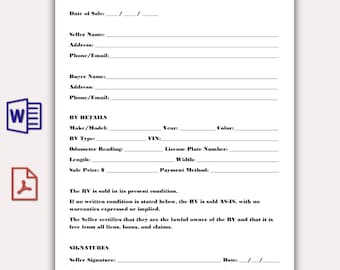 Minimalist RV Bill of Sale Template, Printable RV Sale Agreement, Editable Motor Vehicle Sale Contract, Clean Camper Sale Form