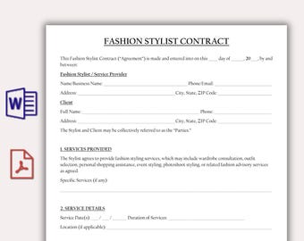 Plantilla de contrato de estilista de moda, contrato de sesión fotográfica de moda imprimible y editable, contrato de servicios de estilista personal, asesor de vestuario