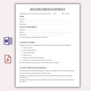 Könnte beinhalten: Ein weißes Dokument mit dem Titel "QUILTING SERVICE CONTRACT" mit Abschnitten für Kunden- und Dienstleisterinformationen. Enthält Arbeitsumfang wie Long-Arm-Quilting und Bindungsdienste. Mit einem Word- und PDF-Symbol.