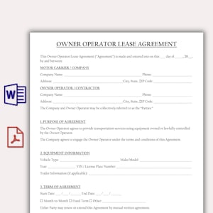 May include: A printed Owner Operator Lease Agreement document featuring sections for Motor Carrier and Owner Operator details, Purpose of Agreement, Equipment Information, and Term of Agreement with blank lines for filling in specific information.