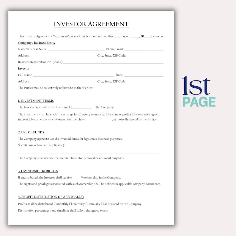 Investor Agreement Template, Editable Equity Investment Contract ...