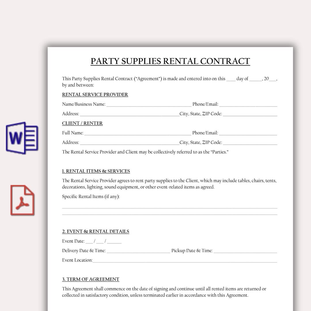 Example Event Rental Agreement Party Supplies Rental Contract, Party Equipment Rental Agreement ...